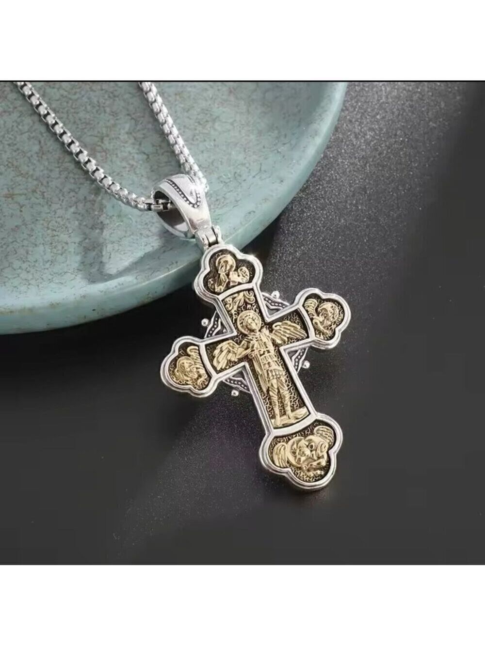TwoTone Catholic Cross Heavy Pendant and Necklace #1434
